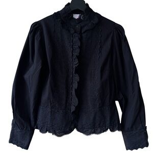 NWT Black Eyelet Ruffle Button-Front Top – Cotton Shirt, Scalloped Hem, Size M
